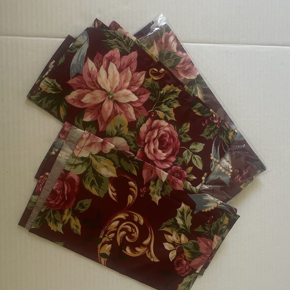 Floral Burgundy Holiday Poinsettia, Flowers, Ribbon Cloth Napkins (5) New Home